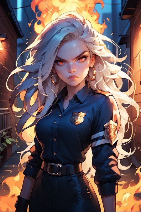 high quality, one girl, angry, fiery aura, beautiful appearance, white hair, long hair, red eyes, lush eyelashes, sexy body, policewoman, looking at viewer, in the alley <lora:43stl1ght1ngXLP2:0.5> <lora:alexchow:1>  <lora:Fiery_Aura_for_Pony:0.9>, score_9, score_8_up, score_7_up