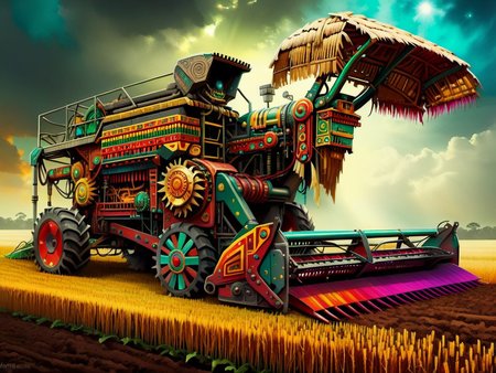 <lora:CulturePunkAI_1Pruned:.9> TotemPunkAI Maya  combine harvester  Highly detailed, amazing, Impressive lighting, vibrant colors, Ultra Realistic, High quality, Highly detailed, trending on artstation