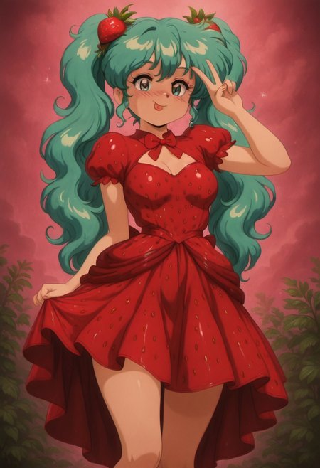 masterpiece, best quality,
1girl, solo, hatsune miku \(cosplay\), short twintails, wavy hair, smile, blush, retro artstyle, v, tongue, strbrry, red dress, strbrry dress,