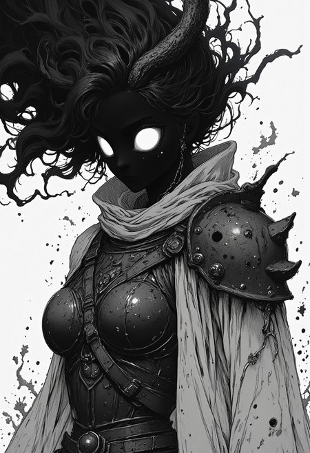 nistyle, A gritty Manga Sketch Showing an hkevil spectral haunting shadow girl, a horned goddess of war with armored pauldron, Cleavage, Busty, billowing Aura, hood, shaded eyes, black skin, amazing Details, high Quality and hyperdetailed realistic, volumetric lighting, Studio Ghibli Dark Fairytale