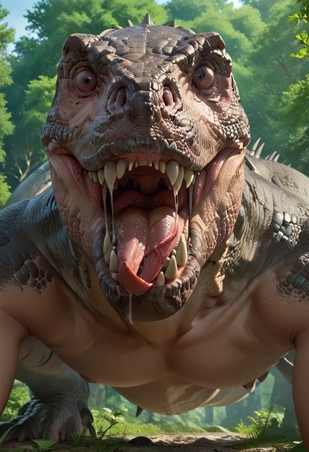 Stable_Yogis_PDXL_Positives, score_9, score_8_up, score_7_up, score_6_up, score_5_up, score_4_up, source_anime, T-REX, Tyrannosaurus, dinosaur, (no human face:1.2), roar, howl, menacing, fierce, ferocious, (tyrannosaurus head, fang:1.3), smile, smirk, grin, mouth shot, mawshot, open mouth, vore, imminent vore, oral invitation, saliva, tongue, throat