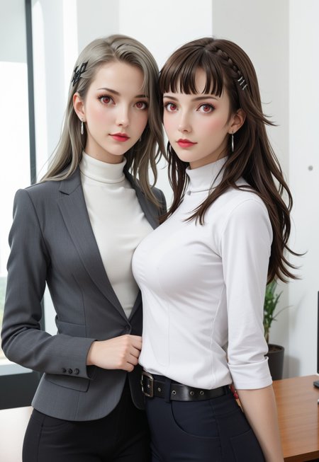 safe_pos, score_9, score_8_up, score_7_up, rating_safe, stunning background, 2girls, standing in office, (casual, slim, posing, flirty, sporty, large breasts, cute:1.3), eye_focus, close-up, looking_at_viewer, gr33n, BREAK p5makoto, niijima makoto, brown hair, blunt bangs, crown braid, red eyes, p5makoto-sumcas, shirtdress, long shirt, white shirt, black pants, capri pants, black belt, thin belt, loose belt, casual, leggings, BREAK p5sae, sae niijima, long hair, grey hair, lipstick, makeup, earrings, p5sae, p5sae-default, pendant, pant suit, formal, turtleneck, suit, nail polish, high heels, black footwear,