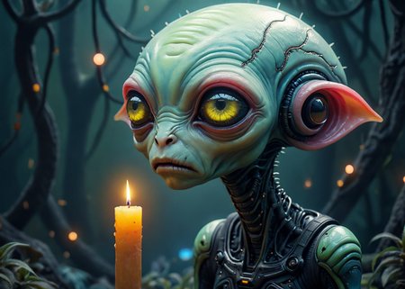 xslx, surrealism, iconic sad female alien species face, highly detailed, Simple, Candle light, electric pink, eerie, pristine, serene <lora:fx-01:1.25>  <lora:surrealism-v1:1>  <lora:alien-species:.4>