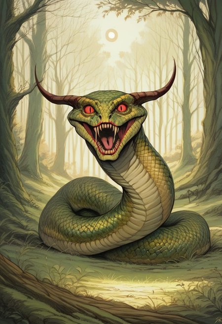Highres, Masterpiece, High Quality, (masterpiece, best quality, highly detailed),
score_9, score_8_up, score_7_up,
drawing, in the style of Beatrix Potter, 
sinister,
giant green snake moving through a forest, red eyes, back horns on snake head, creepy moon, low light,