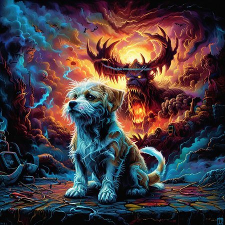 <lora:ZIP_SDXL:1> a dog looking at the viewer Walking on stage playing his guitar  <lora:1980s_Fantasy_Style_test_2:0.8> 1980s Fantasy Style, vivid color <lora:Rock_Concert:0.8> r0ckc0ncert, on stage, light show, smoke, band, instruments <lora:tbh160-sdxl:0.8> style of Dan Mumford