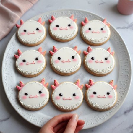 <lora:lora:1>cookie art design,  <lora:Axomodelv2.1:1> simple round cartoon  cookie art,  delicious cute axolotl  cookies  with icing, flat cookies, cookies with cute design  <lora:add-detail-xl:1>,