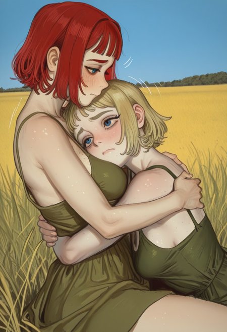 fine detail, high quality eyes, amazing quality, very aesthetic, high resolution, Masterpiece, best quality, (shindol:0.7), (mossacannibalis:0.7), (mossa-40k), 
solo, looking at another, hug, head on breasts, sitting, girl on top, face close-up shot, 
2girls, buhanka, short hair, red hair, bangs, blue eyes, medium breasts, 
marichka, blonde hair, short hair, medium breasts, (green summer dress), bare shoulders, medium breasts, shy face, sexy girls, blush, motion lines, 
Outdoors, day, Field, blue sky, yellow grass, (blur background)