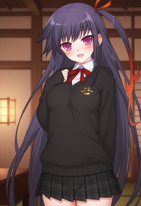 ((safe)), 1girl,  (yukimasa_muramasa, school uniform, black sweater, white shirt, skirt, medium breasts), blush, smile, open mouth, indoors, shiny skin, best quality, amazing quality, very aesthetic, absurdres,   <lora:yukimasa_muramasa_ill:1>