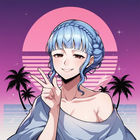 score_9, score_8_up, score_7_up, score_6_up, score_5_up, score_4_up, zPDXL2,source_anime,rating_questionable, 1girl, solo,  smile, half-lidded eyes, Marianne Fire Emblem    , smile, <lora:Vaporwave:0.8> v4p8r, scenery, palm tree, starry sky, purple sky