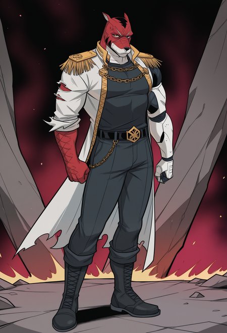 masterpiece,best quality,amazing quality, 1boy, solo, 1boy, solo, d4yn3, furry, red scales, scar on face, red eyes, military uniform, torn sleeve, black shirt, belt, single prosthetic arm, black pants, black boots, gold chain, epaulettes, full body, 