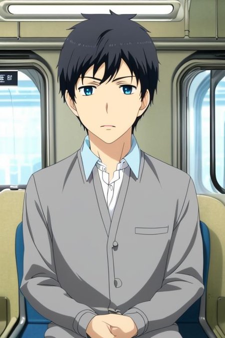 high resolution, solo, best quality, 1Boy, Arata Kaizaki, Portrait, Black Hair, Blue Eyes, train, inside train, OverallDetail