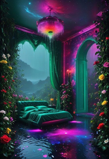 Light mood masterpiece photography, realistic, realistic photograph, waterfall, indoor waterfall, inside bedroom, widescreen TV, neon eyeshadow, gaudy, Lisa Frank inspired, Lisa Frank colors, colorful eyeshadow, indoor pond, flowers, indoor garden, waterfall inside bedroom, rock n roll, Ramones, Led Zeppelin, Aerosmith, maximalism, green and blue and pink, purple, 3/4 angle face, waterfall in bedroom, soft rug, neon rug, bedroom like bedroom from Howl's Moving Castle