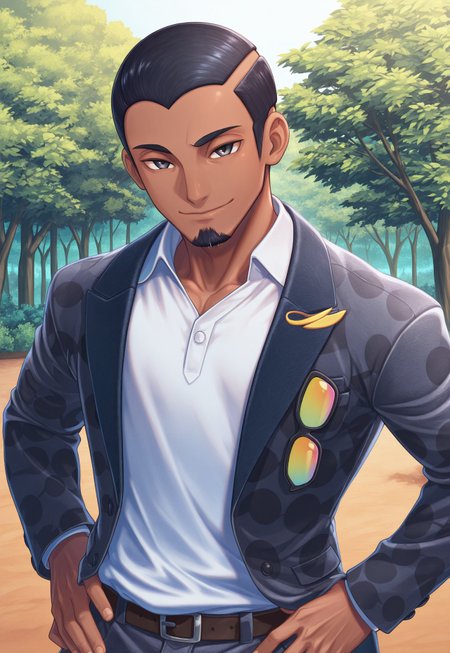 solo, masterpiece, detailed, ultra hd, best quality, 1boy, male, official art, w0lfc0nf, modern, new, masculine face, daddy looking face

PokeSalvatore, black hair, dark skin, facial hair, jacket, white shirt, hands on hips, looking at viewer, outdoors
