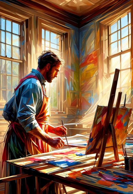 A focused Renaissance artist with a smudged apron and a palette of colors works on a canvas in a sunlit studio. Paintings in progress, wooden easel, soft light filtering through large windows, extreme close-up, portrait, warm tones.