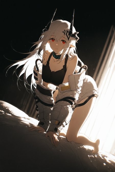 arknights, Mudrock \(arknights\),
1girl,konya karasue,rella,b74_lighting, dynamic angle,
expressionless, 
All fours，Bare legs，Bare shoulders，Between legs，Breast pocket，Closed mouth，Hand between legs，Looking at viewer，Off shoulder，Open clothes，Smile，in bed，
masterpiece, best quality, very aesthetic, highres, absurdres, sensitive, 