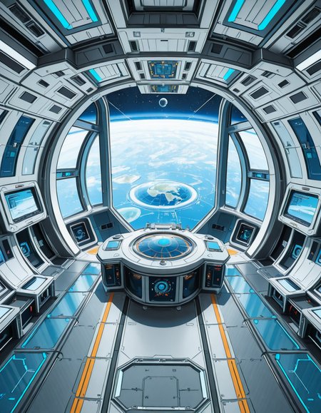 The interior of a massive orbital space station, high above a blue and green Earth-like planet. The setting is a panoramic observation deck with towering reinforced windows that curve around the structure, offering a breathtaking view of the planet below and the star-filled void beyond. The stationâs architecture is sleek and functional, blending advanced human technology with subtle design flourishes â brushed metal walls, glowing interface panels, and clean geometric lines.
Soft white lighting lines the floor and ceiling panels, while ambient blue lights provide a calming atmosphere. Transparent digital displays float in the air, projecting live telemetry, spacecraft traffic, and real-time planetary data in holographic form. In the center of the room, a circular command table displays a rotating 3D projection of the planet and orbital routes.
In the background, the low hum of life support systems and distant radio chatter add to the immersive realism. Cables and utility panels are subtly integrated into the environment, and security doors lead to other compartments of the station. The entire space feels controlled, precise, and filled with purpose â a hub of advanced civilization silently orbiting in the cold beauty of space.<lora:SDXLFaeTastic2400:0.4> <lora:extremely_detailed:0.4> extremely detailed,space station c0ntr0l c3nt3r, <lora:space_station_c0ntr0l_c3nt3r-i:1>, Masterpiece,best quality,hi res,8k,hi res,8k,award winning,(sharp focus, intricate, highly detailed),
