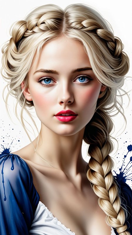 style of John Philip Falter, American Realism, Magazine Covers, Everyday Americana, Rich Details, Nostalgic Atmosphere, Sylvia Myren, IllusP0s, (style of Kentaro Miura:0.8), [large|huge] bosom, cleavage focus, dynamic action pose, Magical effects, ([torso::0.2]:1.15), three quarter turned side-pose (white canvas watercolor, adult woman unfinished watercolor style of agnes cecile:1.05), (medium length, messy curly hair, double dutch braid:1), intricate mystical dreamlike melancholic maiden cobalt blue, hot magenta, vibrant, paint drips down, intense stare at viewer, parted lips, ribcage, [:strawberry red lips:0.5], Stable_Yogis_Illustrious_Positives