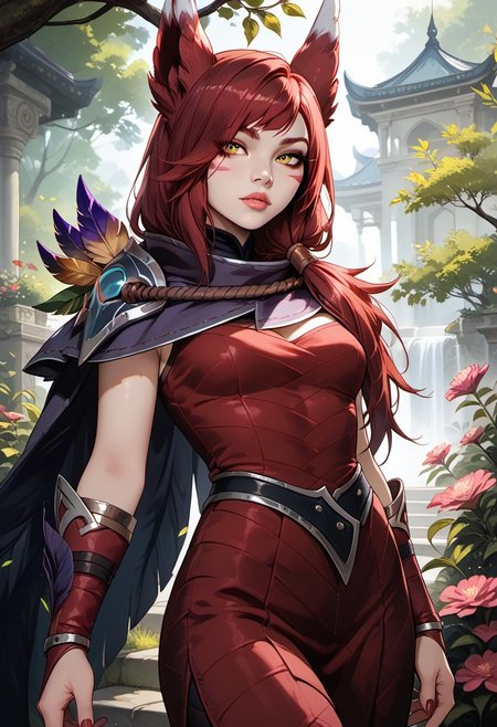 masterpiece,best quality, highly detailed, score_9, score_8_up, score_7_up, score_6_up, score_5_up, score_4_up, ((zPDXL3)), ((zPDXLxxx)), solo, 1girl, XayahNormal, 1girl, solo, red animal ears, facial marks, yellow eyes, red long hair, vambraces, feather cloak, red leather dress, Expressiveh, 30yo, adult lustful confident woman, petite, slender body, perky saggy natural breasts, full lips, bangs, sidelocks, straps,
chinese magical sorceress, animated, swirling magic, wisps of magic, dancing pose, tight squeezed outfit, magical accessories, evoking motion, conveying motion, dynamic splash art, garden, wild, nature,