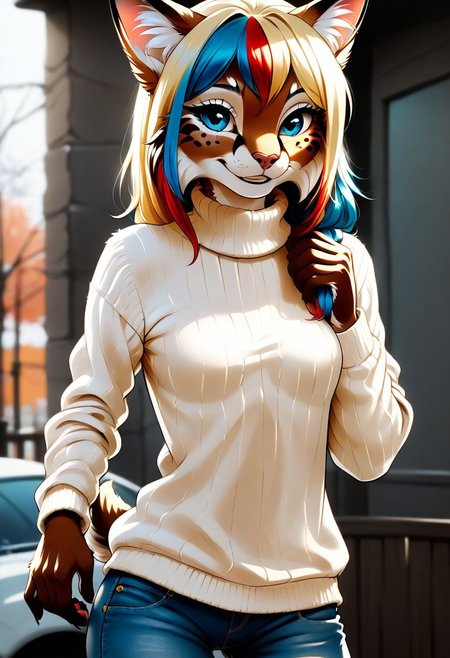 digital_media_(artwork) hi_res, score_9, score_8_up, score_7_up, score_6_up, score_5_up, score_4_up, rating_safe, anthro, furry, female, furry female, detailed textured fur, fur tufts, lynx, slim, slender, small breasts, cute, sweater, denim jeans, multicolor hair, streaked hair, red hair, blue hair, blonde hair, blonde fur, detailed blue eyes, smile, solo, SFW, BizenP,