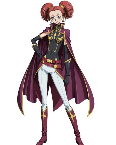 anime coloring,anime screencap,
highres,best quality,masterpiece,
shiny skin,
BREAK
<lora:transparent-background-illustriousxl-lora-nochekaiser:1>,transparent background,(white background:1.1),
Code Geass,
BREAK
<lora:Carine_ne_Britannia_Code_Geass_IL:1>,carbritan,1girl,solo,flat chest,twintails,blue eyes,red hair,short twintails,earrings,short hair,
gloves,white pants,black gloves,belt,elbow gloves,cape,uniform,military uniform,purple cape,military,popped_collar,black bodysuit,
standing,full body,smile,