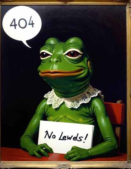 Pepe the Frog, an anthropomorphic amphibian character, prominently featured in an internet meme culture, holding a handwritten sign in front of him. The sign reads "404 ERROR: NO LEWDs, NO ART" in bold capital letters. Pepe's expression is one of sadness., <lora:add-detail-xl:3>, (Oil painting) (by Jean-François Millet), (by Gustave Courbet), (by Jules Breton), close up