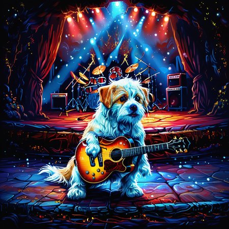 Hyperrealistic, crystal-clear portrait of a  <lora:ZIP_SDXL:1> zip dog looking at the viewer Walking on stage playing his guitar  <lora:1980s_Fantasy_Style_test_2:0.3> 1980s Fantasy Style, vivid color <lora:Rock_Concert:0.5> r0ckc0ncert, on stage,  instruments <lora:tbh160-sdxl:0.8> style of Dan Mumford  with super sharp details and vivid colors, intricate textures, and pristine clarity.