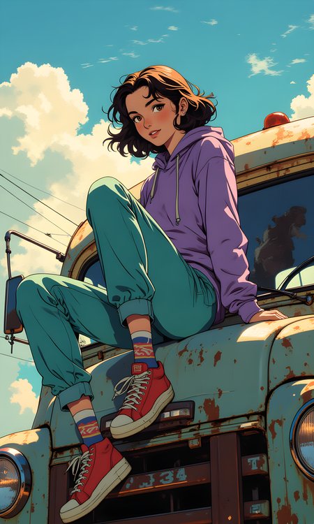This image captures a playful and vibrant scene featuring a woman sitting on the hood of an old, rusted bus. The camera is positioned at eye level, providing a direct and engaging perspective of the subject. The angle is slightly angled to her left, allowing for a clear view of her face and the surrounding environment.
The lighting in the image is soft and natural, likely from natural light coming through a window or an open door. The light type appears to be natural daylight, which creates a warm and inviting atmosphere. The light direction is from the front-left side of the subject, casting gentle shadows that highlight the contours of her face and the texture of her clothing.
The woman is looking directly at the camera, making eye contact with the viewer. Her expression is joyful and carefree, adding to the overall sense of fun and spontaneity. She is wearing a purple hoodie paired with teal pants, which add a pop of color to the otherwise muted tones of the background. Her hair is styled loosely around her shoulders, adding to the relaxed and casual feel of the scene.
She is also wearing colorful socks and sneakers, which add to the overall sense of style and individuality. One of her legs is bent, with her foot raised in the air, creating a dynamic and playful pose. 
The background features the old color faded grey bus, which has a weathered and rustic appearance, adding to the overall mood of the image. Bus is wide and frame is taking onlu a fraction of it. Behind bus a sky with cirrus clouds can be seen.
The overall mood of the image is one of joy and freedom, capturing a moment of lightheartedness and creativity. The combination of the woman's outfit, the playful pose, and the rustic setting creates a visually appealing and memorable photograph.
BREAK anime, d13s3lp2nk, bboil artist style, OBdonman, Anime art, <lora:FLUX\Anime Art V3:0.2>, <lora:FLUX\Synesthesia:0.2>, <lora:FLUX\RetroAnimeS1.1:0.5>, <lora:FLUX\Flux-jijia:0.1>, <lora:FLUX\It's a LoRA for portraits, BUT! actually specialized in backgrounds. v1.0:0.1>, <lora:FLUX\GLSHS:0.2>, <lora:FLUX\Dieselpunk Delight - s0_9 g4:0.4>, <lora:FLUX\OBdonman, anime0style portrait:0.1>