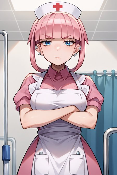 score_9, score_8_up, score_7_up, score_6_up, source_anime, 1girl, solo <lora:pkmnmollie-pdxl-nvwls-v1-000005:1> mollie, pink hair, blunt bangs, short hair, blue eyes, hairband, ear piercing,  <lora:Hoseki_Pokemon_NurseJoy_PDXL_v1:0.6> nurse cap, pink collared dress, puffy short sleeves, white apron, indoors, hospital, annoyed, crossed arms, big breasts