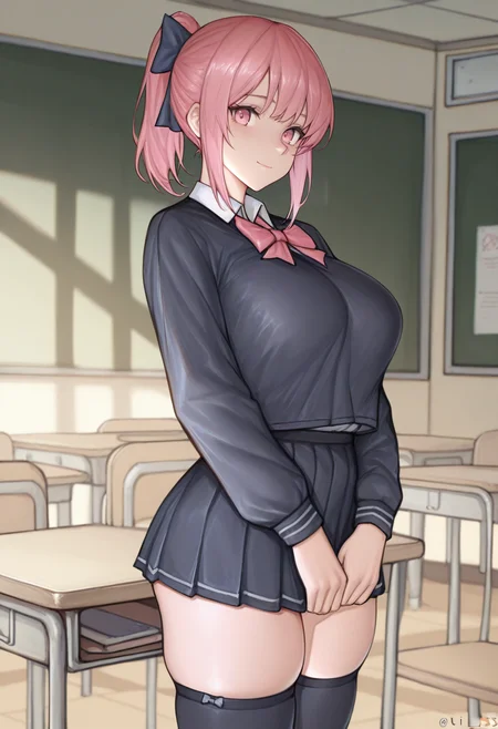 masterpiece, best quality, <lora:iuui:1> 10u1st1l3,  1girl, solo,standing,looking at viewer, happy, closed mouth,pink hair, ponytail, pink eyes, large breasts, school uniform, bow, long sleeves, skirt, skindentation, thighhighs, indoors, classroom,