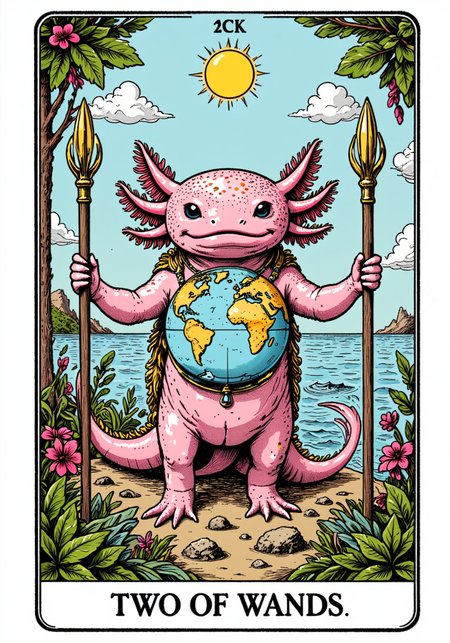 a tarot card in the style of ck-tc featuring, axolotl, A tarot card with the text "Two of Wands," an axolotl holding a globe, standing between two wands, overlooking the sea, a vision of exploration.<lora:Axomodel_Flux_V1.1.safetensors:1.0:1.0> <lora:ck-tarot-000015.safetensors:1:1>
