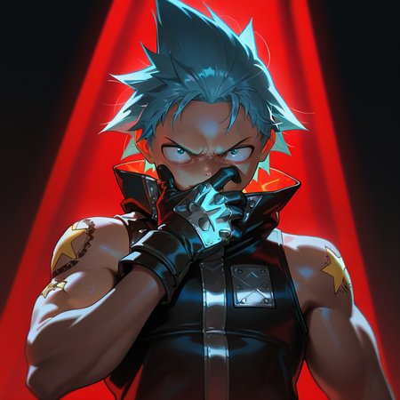 masterpiece, best quality, amazing quality, very aesthetic, absurdres,  newest, volumetric lighting,
souleaterstyle,,blackstar,
solo,gloves,1boy,male focus,blue hair,sleeveless,tattoo,spiked hair,portrait,upper body,
,masterpiece, best quality, amazing quality, very aesthetic, absurdres,  newest, volumetric lighting,
, <lora:soul_eater_illustrious:0.8>,