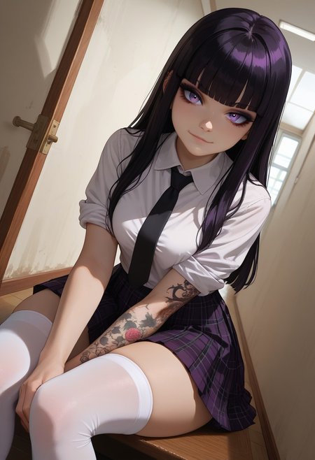 (score_9, score_8_up, score_7_up), 1girl, solo, black hair, purple eyes, long hair,  straight bangs,  26 years old, medium breasts, (goth:1.3), ass
(white shirt, black tie, checkered pleated skirt, white stockings, thighighs:1.1), checkered skirt,  hime cut,  sneakers, rolled up sleves,
tattoo, tattoo on body, tattoo on arm
Expressiveh,
fisheye,  (dutch angle, face close-up, face focus :1.4), 
(sitting, hallway, indoors:1.1), college,
 smug,