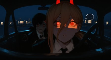 masterpiece, best quality, good quality, very aesthetic, absurdres, newest, higashiyama kobeni, power (chainsaw man), 2girls, cross-shaped pupils, driving, hair between eyes, horns, meme, multiple girls, necktie, nervous sweating, ponytail, power crashes kobeni's car (meme), red eyes, red horns, spoken ellipsis,steering wheel, suit, (surprised:1.2), sweat, symbol-shaped pupils, night, looking_at_viewer, shadowy lighting, cinematic atmosphere, City Lights Lighting,
simple background, Perspective,Fisheye <lora:ponyv5_noobV065S_1_adamW-000013:0.7> <lora:USNR_STYLE_XL_lokr:0.45> <lora:745cmSDXLvpred75S:0.8>