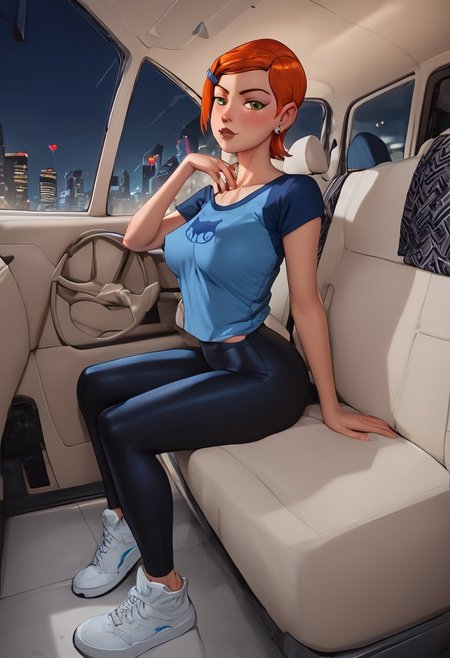 score_9, score_8_up, score_7_up, 1girl, adult, Gwen, Ben 10, movie style, t-shirt, white sneakers, wearing a blue [better_leggings], big breasts, sitting in van, night,   <lora:add-detail-xl:0.6> <lora:leggings_v2.6-pony:1.0> <lora:PuffyNime:0.5> <lora:checkpoint-e36_s396:0.35000000000000003>