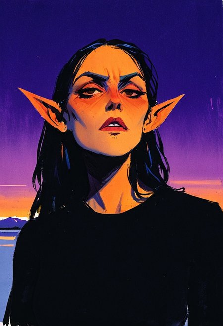 (resplendent highlighting) in the style of casual line and wash sketch, hauntingly beautiful, a drawing of a githyanki woman with, very small nose, pointed elf ears (detailed anatomy and defined musculature:1.0) prominent cheekbones, looking at viewer (furious expression:1.2), focus on the face, strong stance (ultraviolet hues:1.0) bill sienkiewicz and marilyn minter influence, high-contrast lighting, rough details, dark-black sweater, backdrop of salt flats and mono lake, aidmamj6.1, 3xpr3sgg0th1cn30n1nc4s3, ExpresHGothicNeonIncaseUOC, ExpresHGothicNeonIncase