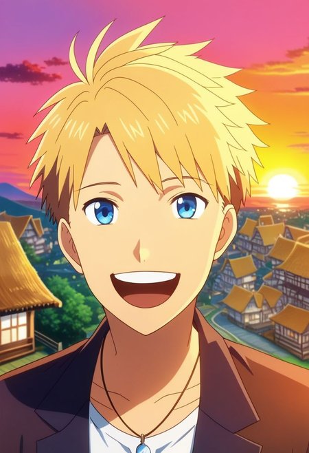 high resolution, professional photography, solo, best quality, 1Boy, Yamato Ishida, Blond Hair, Deep Blue Eyes, Necklace, potrait, laughing, very happy, half body, village, sunset, looking at viewer,, OverallDetail