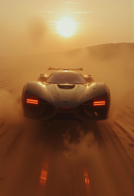 A breathtaking, cinematic shot of a mechanical sci-fi sports car slicing through the dense desert sandstorm. The sleek, angular beast of gunmetal plating and glowing neon accents roars beneath the dim light of dusk, its aerodynamic contours cutting through the swirling dust like a blade. Its ultra-low profile hovers just above the dunes, anti-gravity thrusters leaving a wake of disturbed sand and ionized embers. At the front, a menacing, visor-like grille pulses with an ominous red glow, flanked by razor-thin headlights that pierce the storm with a cold, artificial glare. The vehicle’s smooth surface is interrupted by exposed sections of intricate servos, actuators, and micro-thrusters adjusting in real time, their movements precise and purposeful. The cockpit, encased in a seamless, reinforced glass canopy streaked with sand, offers only a fleeting glimpse of the mysterious driver—silhouetted against the electric hum of dynamic holographic controls. At the rear, twin propulsion cores cycle between deep blue and fiery orange as they vent plasma into the turbulent sky, sending shockwaves rippling through the storm. The scene is a symphony of light and shadow—glowing circuitry against matte black alloys, the erratic chaos of nature against the razor-sharp precision of cutting-edge engineering.