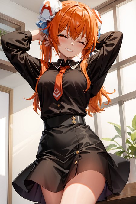 masterpiece, best quality,acgirl, 1girl, solo, one eye closed, smile, orange hair, double bun, grin, hair bun,(kbxll:0.4)
