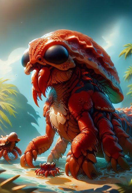 a giant crab, tall and monsterous, very spindley and thin, crab, arthrapod, red exoskeleton,  crab claws, crab legs, tropical beach