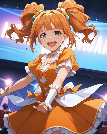pinup of 1girl, solo, idol concert, singing on stage, cheerful, smile, open mouth, microphone, orange theme, stage lights, white pillar, multicolored neon, large television, glint, light particles,
<lora:TakatsukiYayoi_pony_v1:0.9> tktkyyi, long hair, orange hair, twintails, bangs, aqua eyes, hair ornament, flat chest, small breasts, idol clothes, orange dress, short sleeves, white frills, frilled wristband, skirt, thighs, jewelry, choker,, score_9, score_8_up, score_7_up, source_anime,