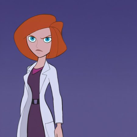 <lora:Kim_Possible_Style_6c_Illustrious_aon:1> kmstyle, masterpiece, best quality, outdoors, night, dark, looking at viewer, closed mouth, 1girl, solo, ankkiin, orange hair, short hair, blue eyes, doctor, lab coat, purple shirt