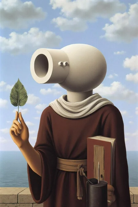 renemag1 painting.
A stylized, classical stone cannon barrel, devoid of any realistic detail, serving as the head of a figure. The cannon barrel has a large, smooth, rounded opening at the top, resembling a face, with a small, simple eye-like indentation on one side. There is a hand that holds a single leaf. <lora:renemag1_cap_d6a3:1.0><lora:829578242085272131:0>