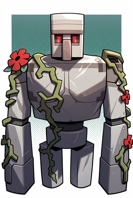<lora:ironglem-10:1> ironglem, no humans, red eyes, standing, solo, robot, big nose, long nose, no mouth, plant, grey metal body, vines, mecha, moss, red flower, upper body, cropped legs, no legs, thick monobrow,, masterpiece, best quality, amazing quality, very aesthetic, absurdres, newest,, upper body, halftone effect, white borders, abstract background:1.2,