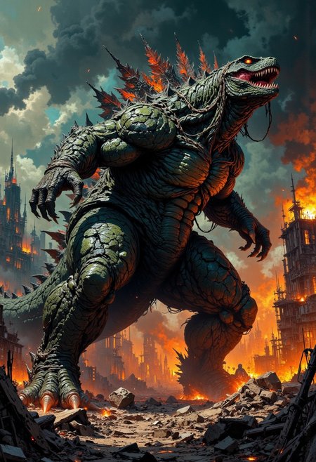 A colossal, fire-breathing Godzilla, inspired by the 1954 original, standing amidst a devastated, smoldering urban landscape, with crumbling skyscrapers and twisted metal debris scattered around its massive, scaly feet, its iconic, powerful tail swishing behind it, as it lets out a mighty roar, its piercing, glowing red eyes fixed intently on the horizon, its rough, bumpy skin a dark, mossy green hue, with hints of charcoal gray and brown, set against a dark, ominous, smoke-filled sky with hints of orange and yellow from the burning cityscape.