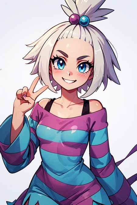 score_9, score_8_up, score_8, medium breasts, (curvy), cute, eyelashes,       BREAK, , BREAK, zzRoxie, blue eyes, white hair, hair bobbles, topknot, striped dress, <lora:Roxie_Pokemon_PDXL_Citron:0.8>,, <lora:GoldenCAT_Lora_PDXL_v2:0.7>, (v),, BREAK,  smile, looking at viewer, cowboy shot,  embedding:zPDXL, Expressiveh, <lora:SDXLFaeTastic2400:0.5>,  <lora:Expressive_H-000001:0.4>,