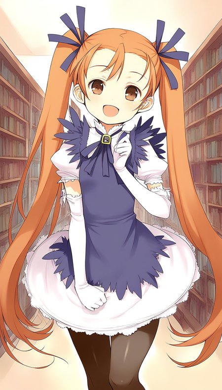 score_9, score_8_up, score_7_up, source_anime, rating_explicit, BREAK  <lora:Aliese_Martini_Ver2.0_XL:1> Aliese_Martini, 1girl, solo, twintails, long hair, brown eyes, hair ribbon, orange hair, brown hair, short stack,
elbow gloves, dress, open mouth, smile, white gloves, ribbon, pantyhose, very long hair
library, room,
smile,
looking at viewer, 
cowboy_Shot,