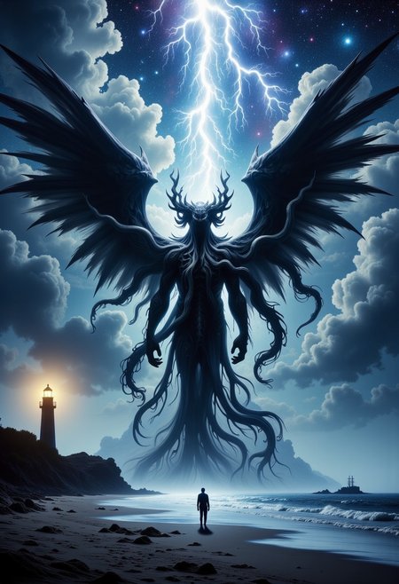 rising of the ocean on a dark night a giant human body walking towards the sailor with kraken head with a lot of kraken giant tentacles coming out of your head, extra large dark wings, cthulhu, shadow. a diagonal flash of a lightning bolt tearing the scene, a sailor figure, almost tiny in size is standing still on the edge of the beach looking at the ocean. in the left corner of the scene is a lighthouse with a yellow light focused on the ocean reflecting in the water on an island in the ocean. on the sky a arm of he vialact, In the night sky a galaxy full of stars, dark atmosphere. terror and horror feeling.