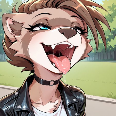 masterpiece, best quality, very aesthetic, absurdres,
outdoors, 
upper body, headshot, 
t-shirt, leather jacket, 
seductive smile, smile, smirk, grin, mouth shot, mawshot, open mouth, vore, imminent vore, oral invitation, saliva, tongue, throat, long eyelashes, face focus, closeup,
<lora:MiX_v01_NAIXL:1>
M1x,1girl,solo,furry,furry female,brown hair,short hair,blue eyes,snout,animal nose,fang,choker,body fur,two-tone fur,browm fur,claws,white fur,