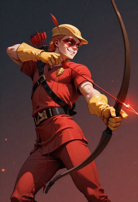 masterpiece, absurdres, high quality, perfect anatomy, 1boy, solo, cute boy, male focus, Speedy, Orange Hair, Domino Mask, White Eyes, Yellow Cap, Red Tunic, Tunic, Red Pants, Yellow Gloves, smug smile, parted lips, portrait, cinematic, intricately detailed illustration, depth of field, masterpiece, best quality, amazing quality, very aesthetic, absurdres, newest, very awa,  shadow, dynamic angle, casual cosplay, dynamic pose, simple background, red theme,  Bow (Weapon), Arrow (Projectile), Quiver on Back, Holding Bow, Drawing Bow, bow