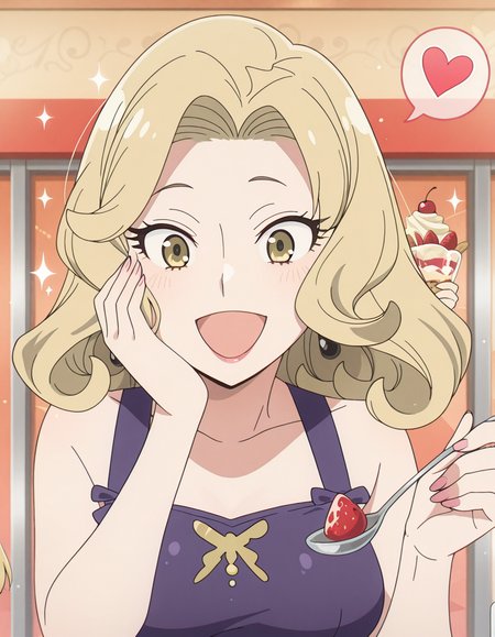 masterpiece, best quality, amazing quality,, <lora:spyxfamily-camilla-anime-illustriousxl-lora-nochekaiser:1>, camilla, camilla (spy x girl), blonde hair, yellow eyes, medium hair, eyelashes, mature female, medium breasts, anime screencap,, <lora:parfait-illustriousxl-lora-nochekaiser:1>, parfait, open mouth, heart, food, sparkle, fruit, happy, hand on own face, spoken heart, ice cream, strawberry, spoon, hand on own cheek, cherry, holding spoon, , ,